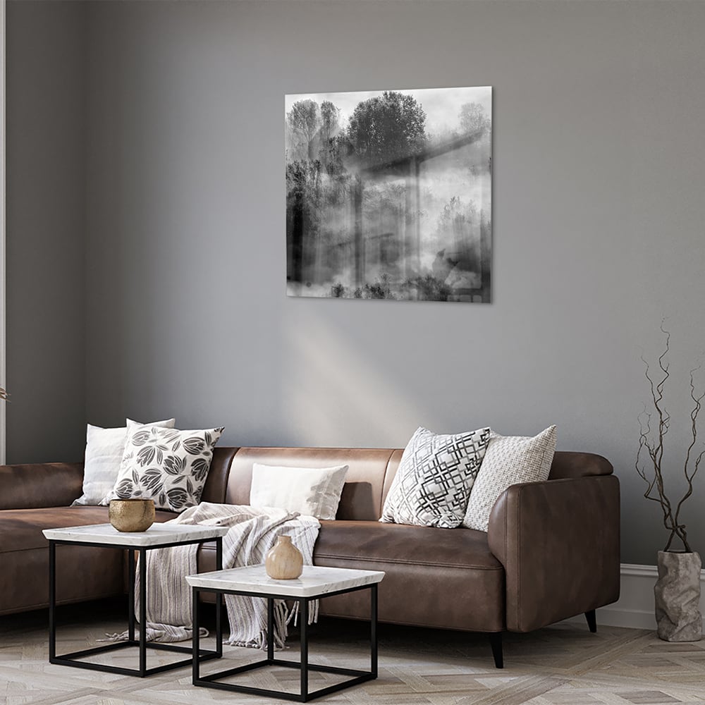 Abstraktes Schwarz-Weiß-Glasbild mit Bäumen – Glasbild aus Sicherheitsglas, Größe 120x80