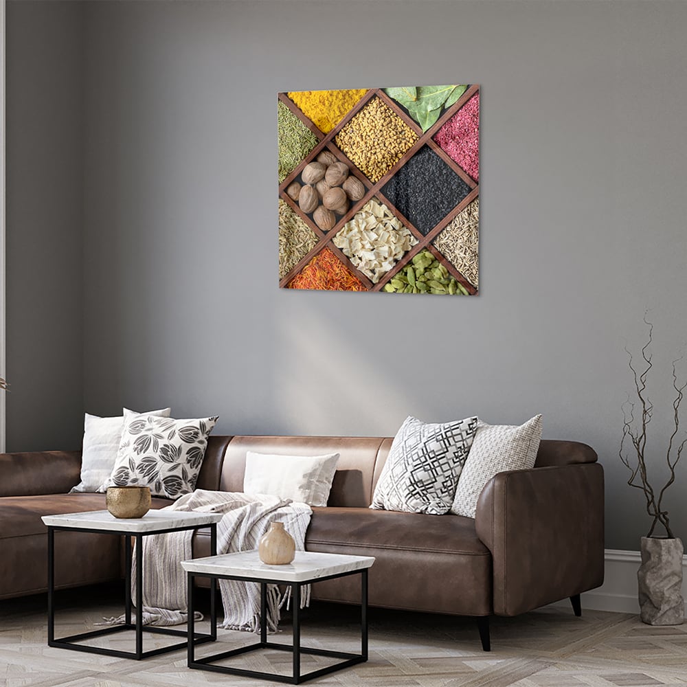 Farbenfrohes Glasbild mit Gewürzen – Glasbild aus Sicherheitsglas, Größe 120x80
