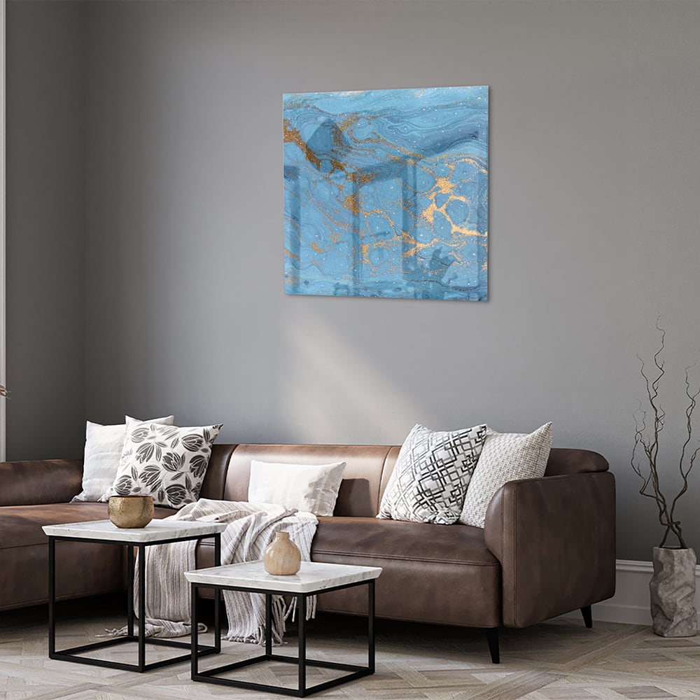 Elegantes Glasbild in blauen und goldenen Farbtönen – Glasbild aus Sicherheitsglas, Größe 120x80