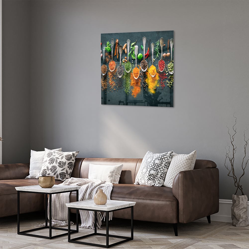 Farbenfrohes Glasbild mit Gewürzen und Kräutern – Glasbild aus Sicherheitsglas, Größe 120x80