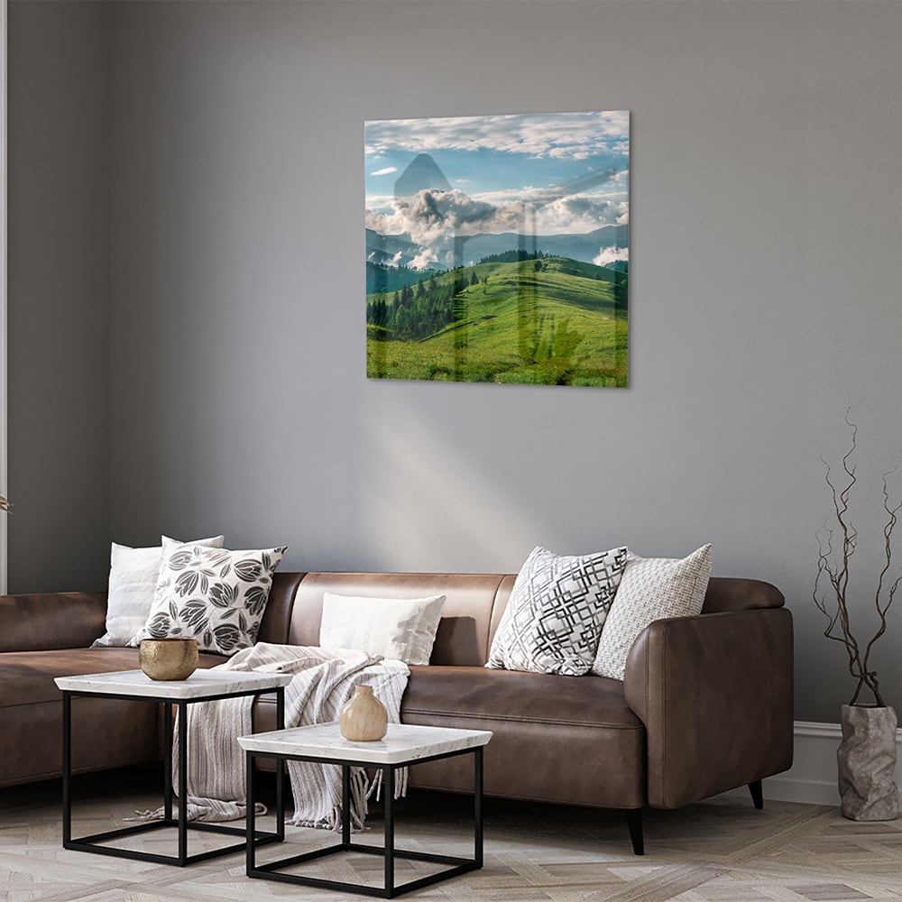 Glasbild mit atemberaubender Berglandschaft – Glasbild aus Sicherheitsglas, Größe 120x80