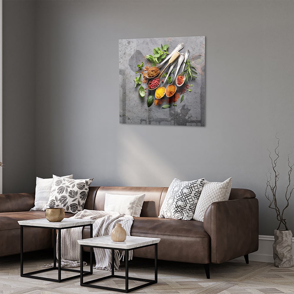 Glasbild mit Kräutern und Gewürzen – Glasbild aus Sicherheitsglas, Größe 120x80
