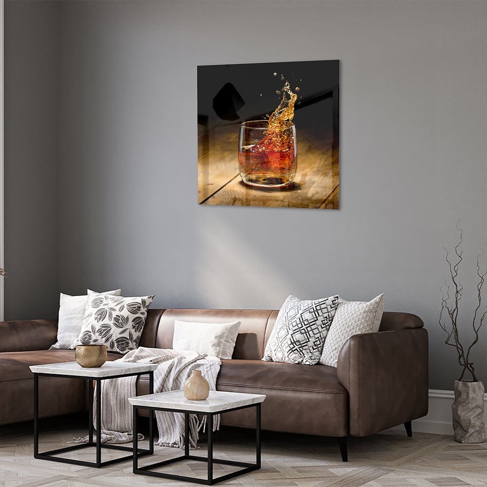 Glasbild mit spritzigem Getränk – Glasbild aus Sicherheitsglas, Größe 120x80