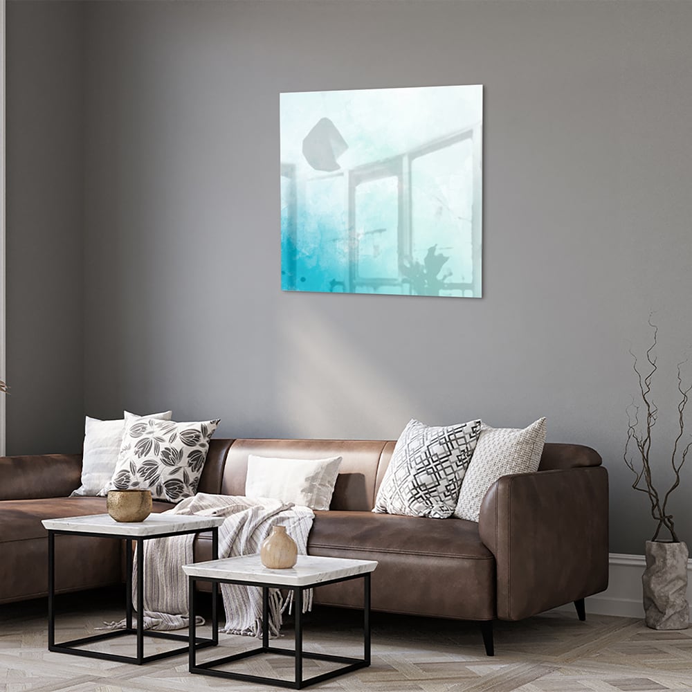 Abstraktes Glasbild in blauen und türkisen Farbtönen – Glasbild aus Sicherheitsglas, Größe 120x80