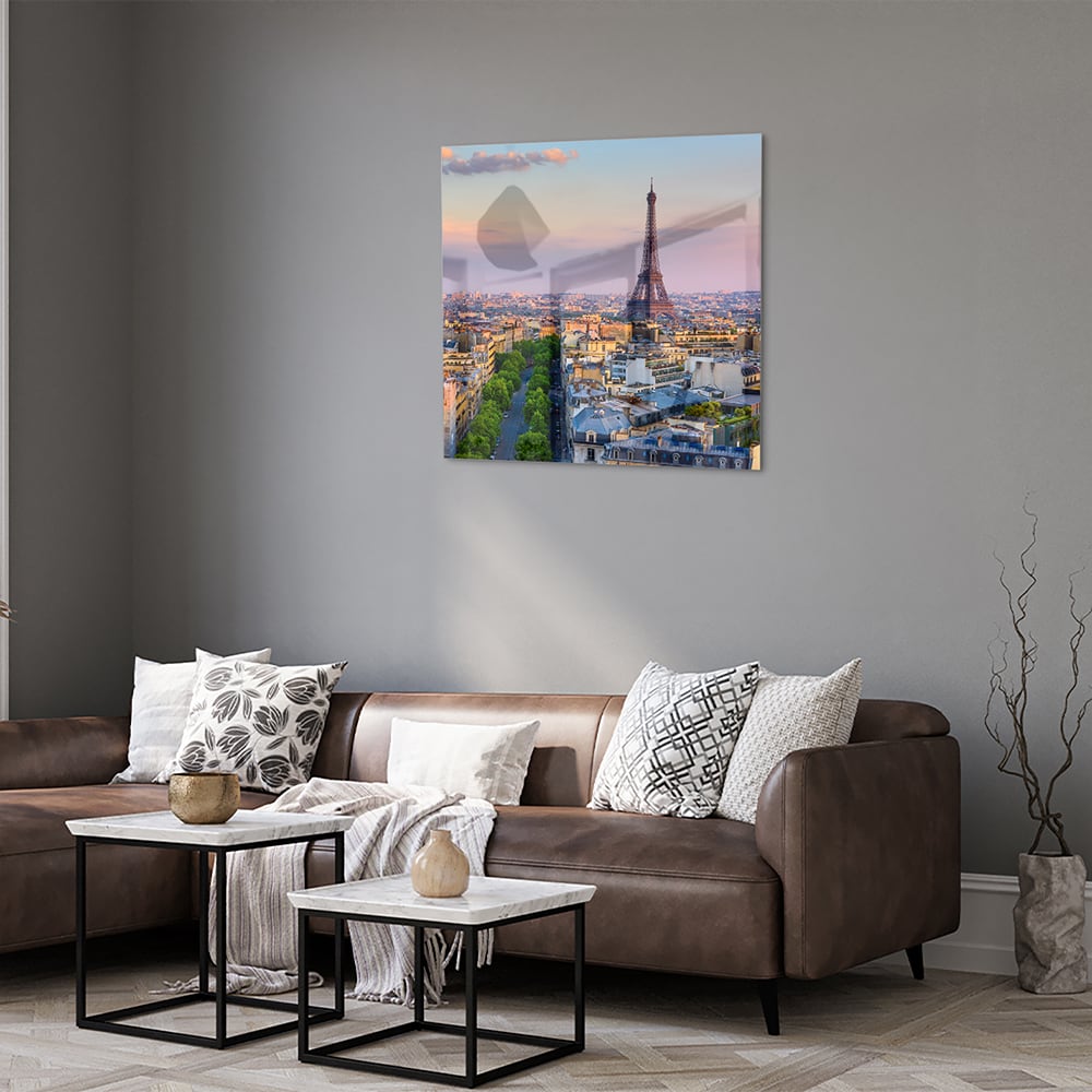 Glasbild mit dem Eiffelturm in Paris – Glasbild aus Sicherheitsglas, Größe 120x80