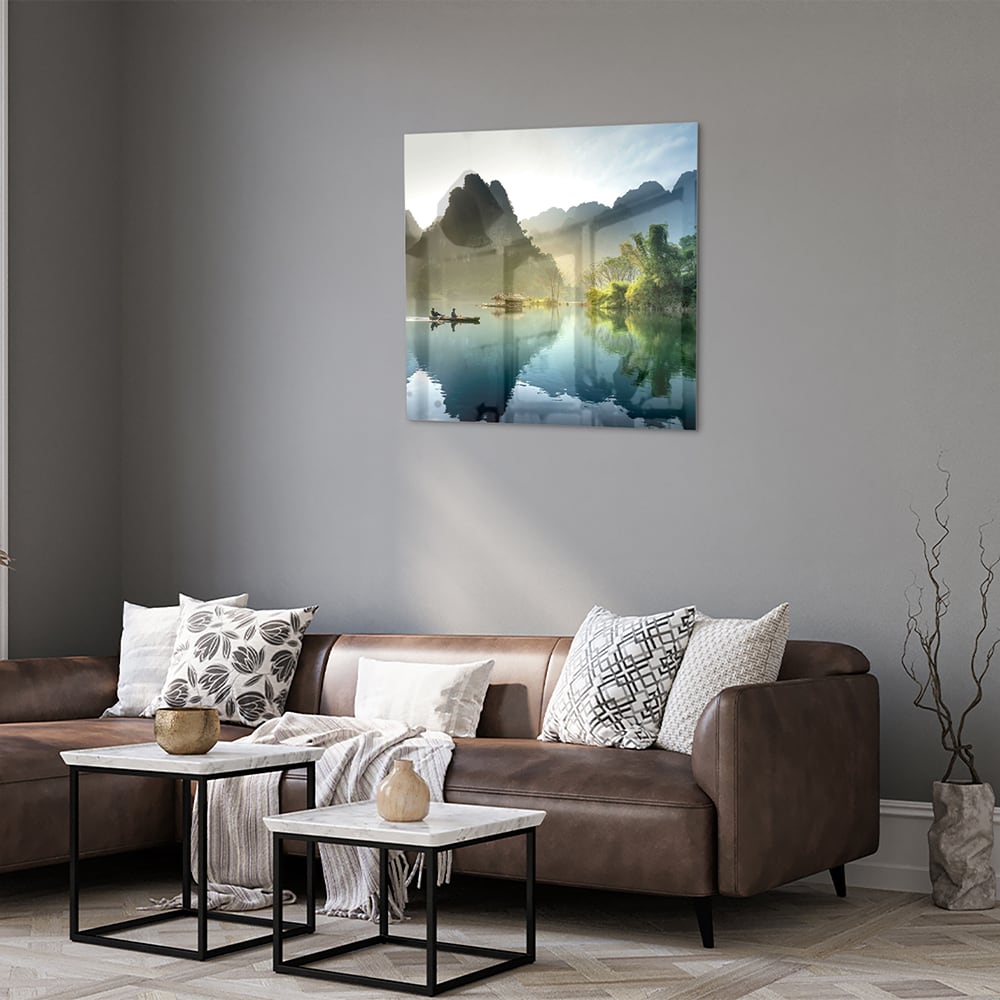 Rustikales Glasbild mit ruhigen Bergreflexionen – Glasbild aus Sicherheitsglas, Größe 120x80