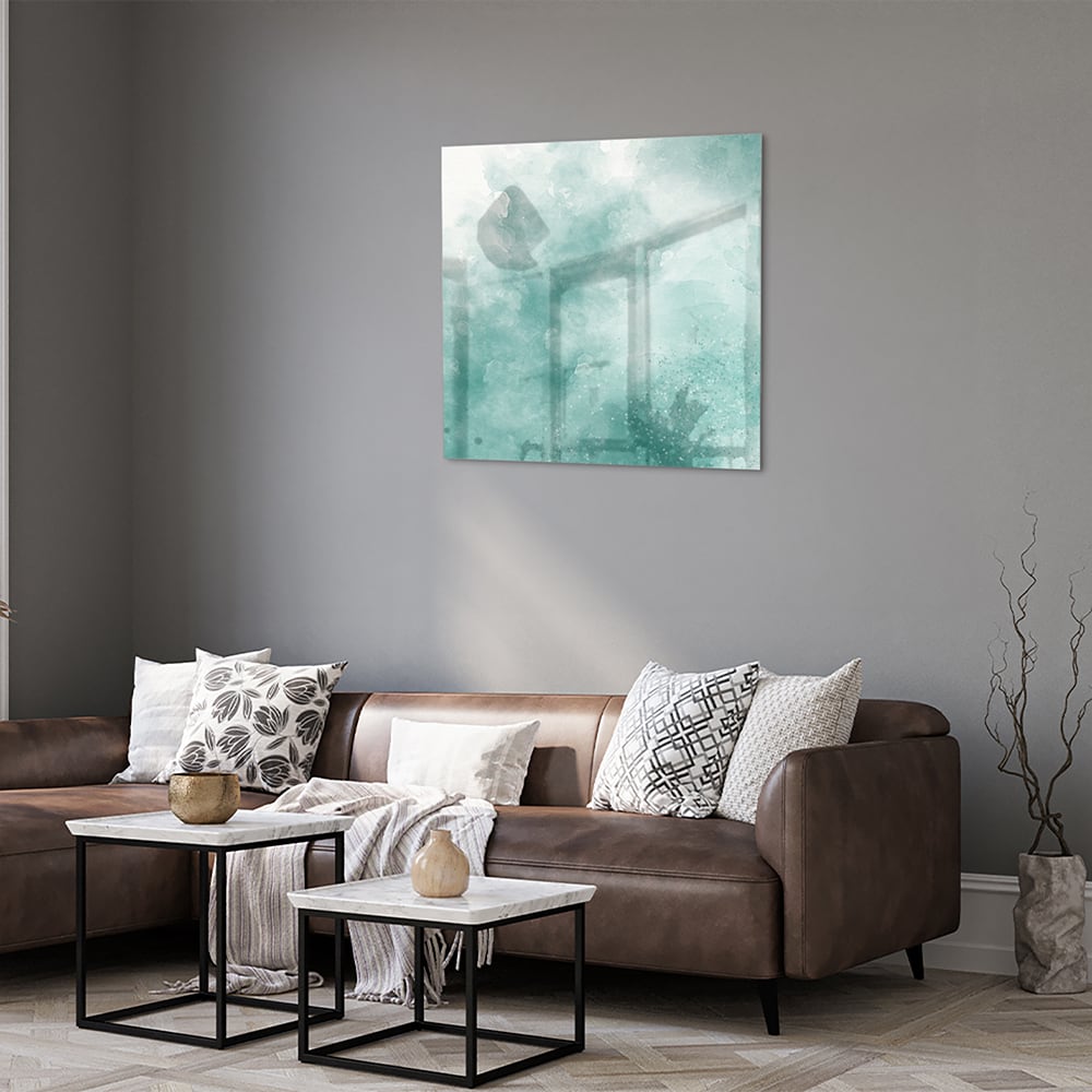 Abstraktes Glasbild in Aquablau – Glasbild aus Sicherheitsglas, Größe 120x80