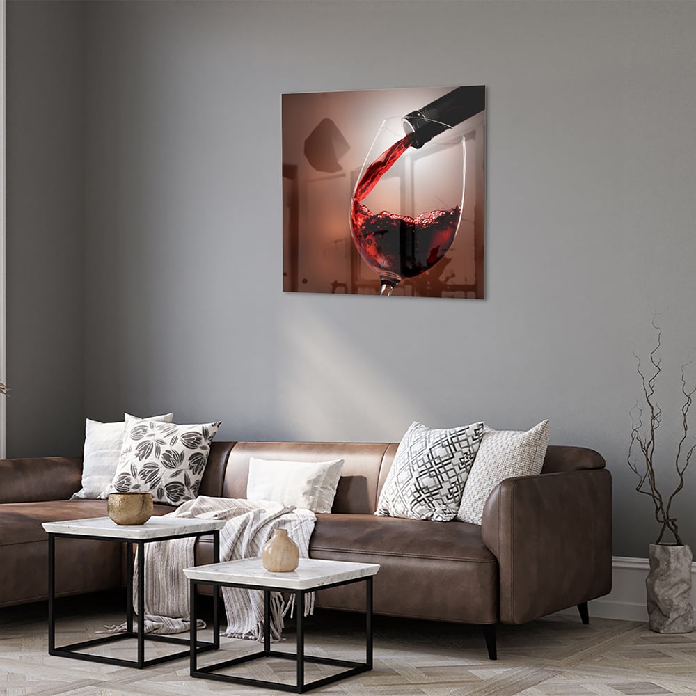 Glasbild mit Rotwein in einem stilvollen Raum – Glasbild aus Sicherheitsglas, Größe 120x80