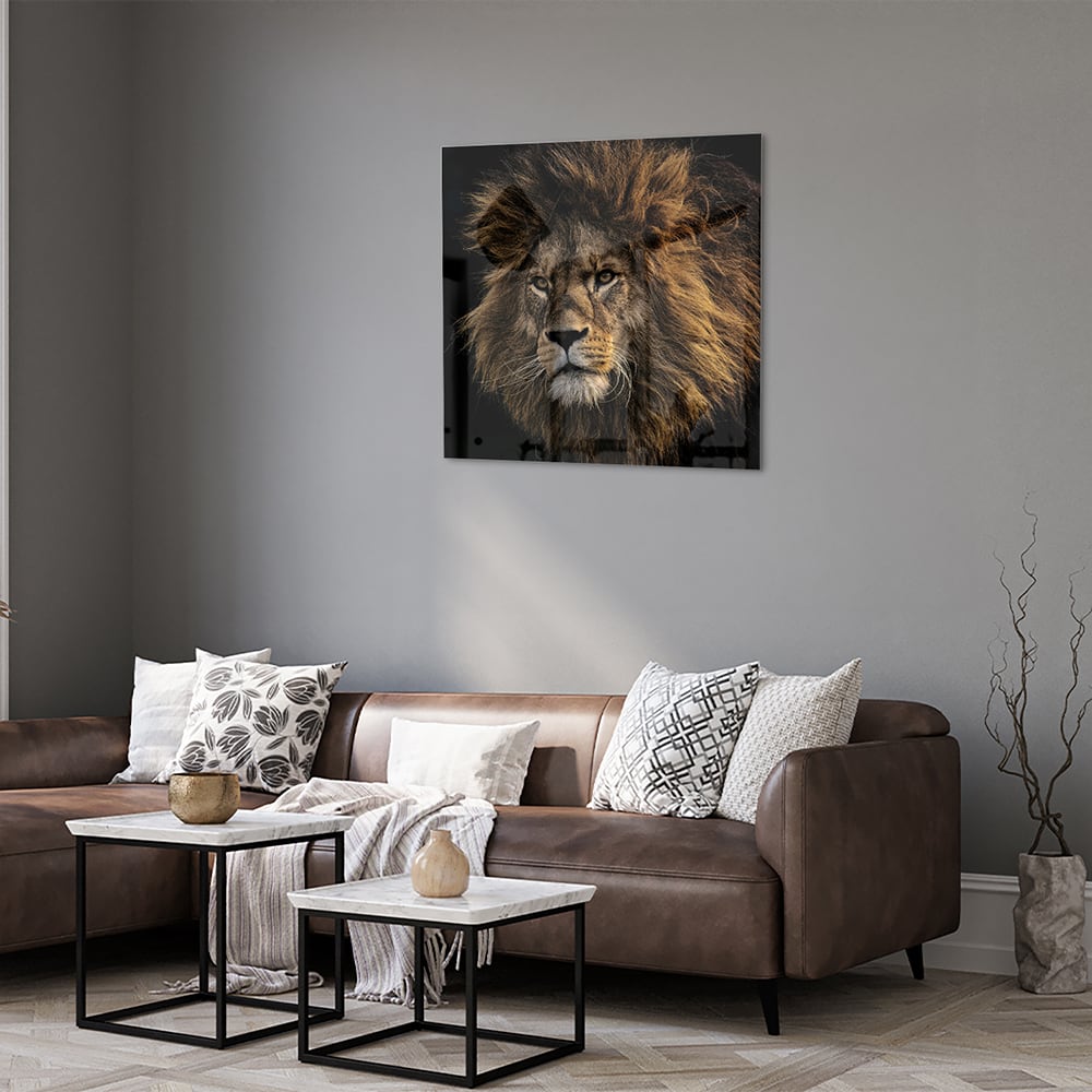 Glasbild mit majestätischem Löwen – Glasbild aus Sicherheitsglas, Größe 120x80