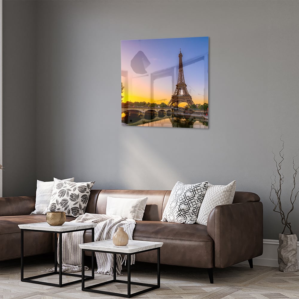 Glasbild mit dem Eiffelturm bei Sonnenuntergang – Glasbild aus Sicherheitsglas, Größe 120x80