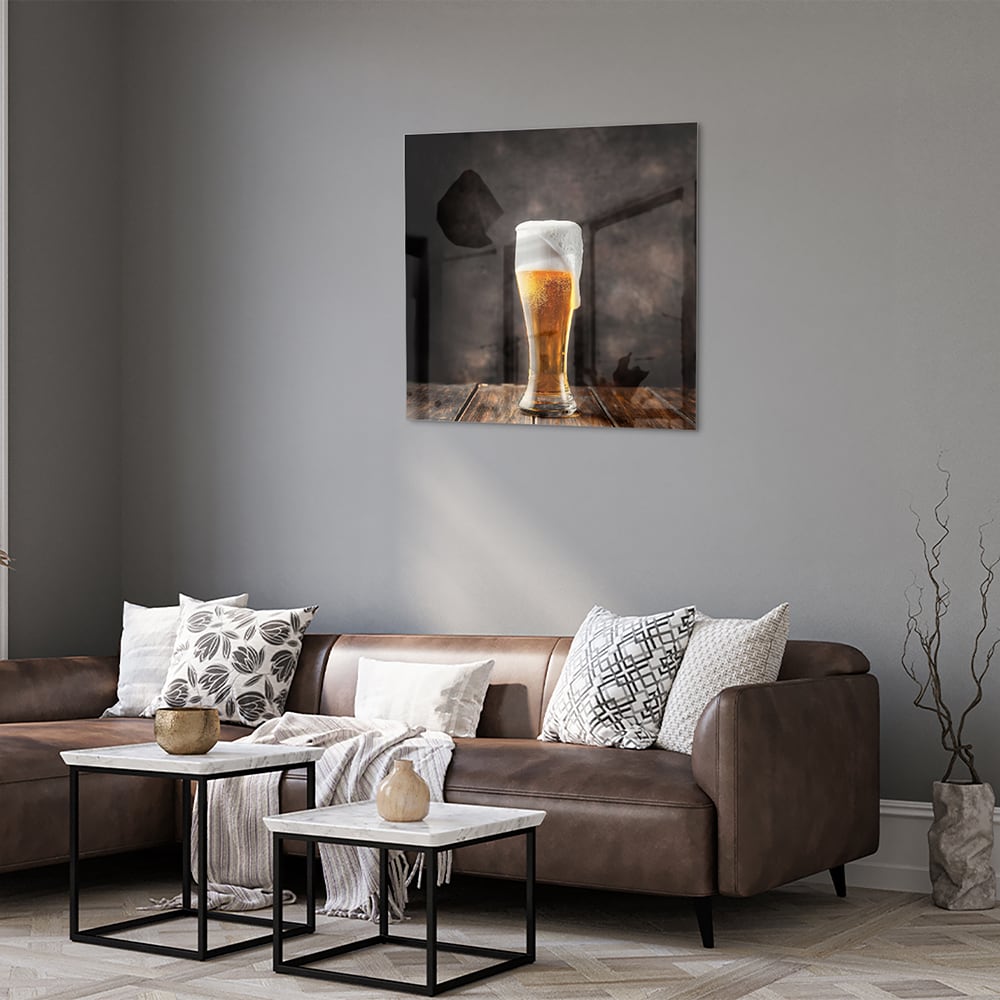 Stilvolles Glasbild mit einem Bier – Glasbild aus Sicherheitsglas, Größe 120x80