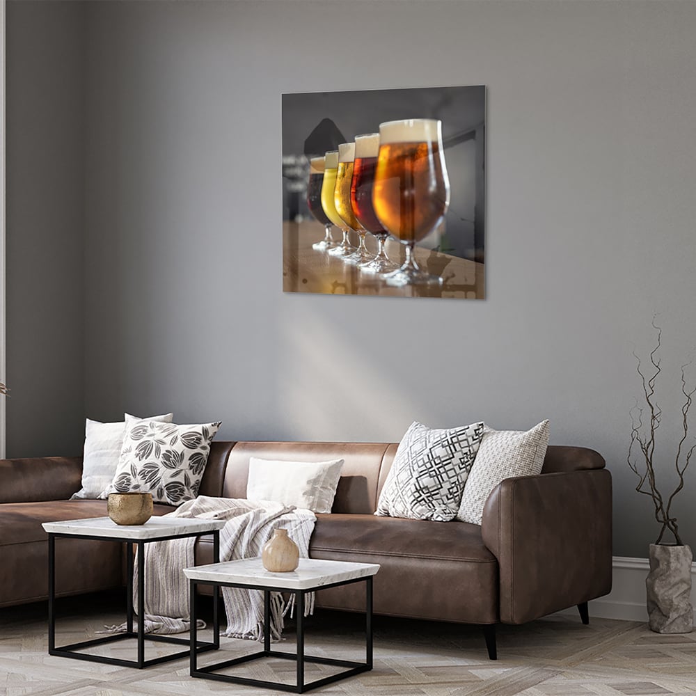 Glasbild mit verschiedenen Bieren – Glasbild aus Sicherheitsglas, Größe 120x80