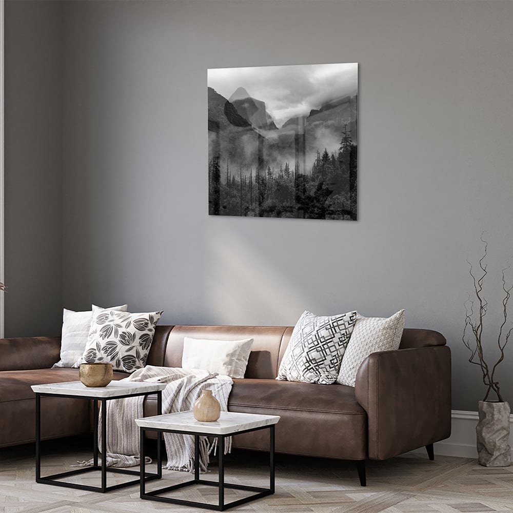 Schwarz-Weiß-Glasbild mit Berglandschaft – Glasbild aus Sicherheitsglas, Größe 120x80