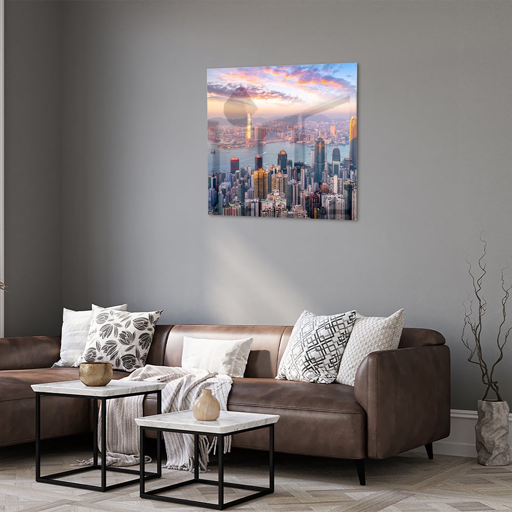 Glasbild mit Stadtansicht bei Sonnenuntergang – Glasbild aus Sicherheitsglas, Größe 120x80