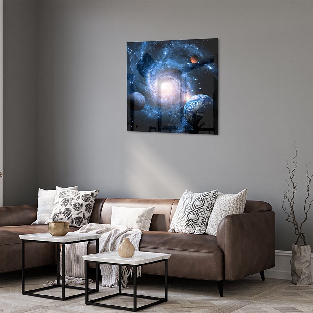 Glasbild mit Weltall und Planeten – Glasbild aus Sicherheitsglas, Größe 120x80