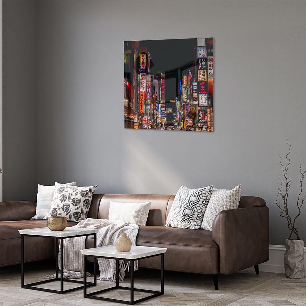 Glasbild mit urbaner Szenerie und bezaubernden Neonlichtern – Glasbild aus Sicherheitsglas, Größe 120x80