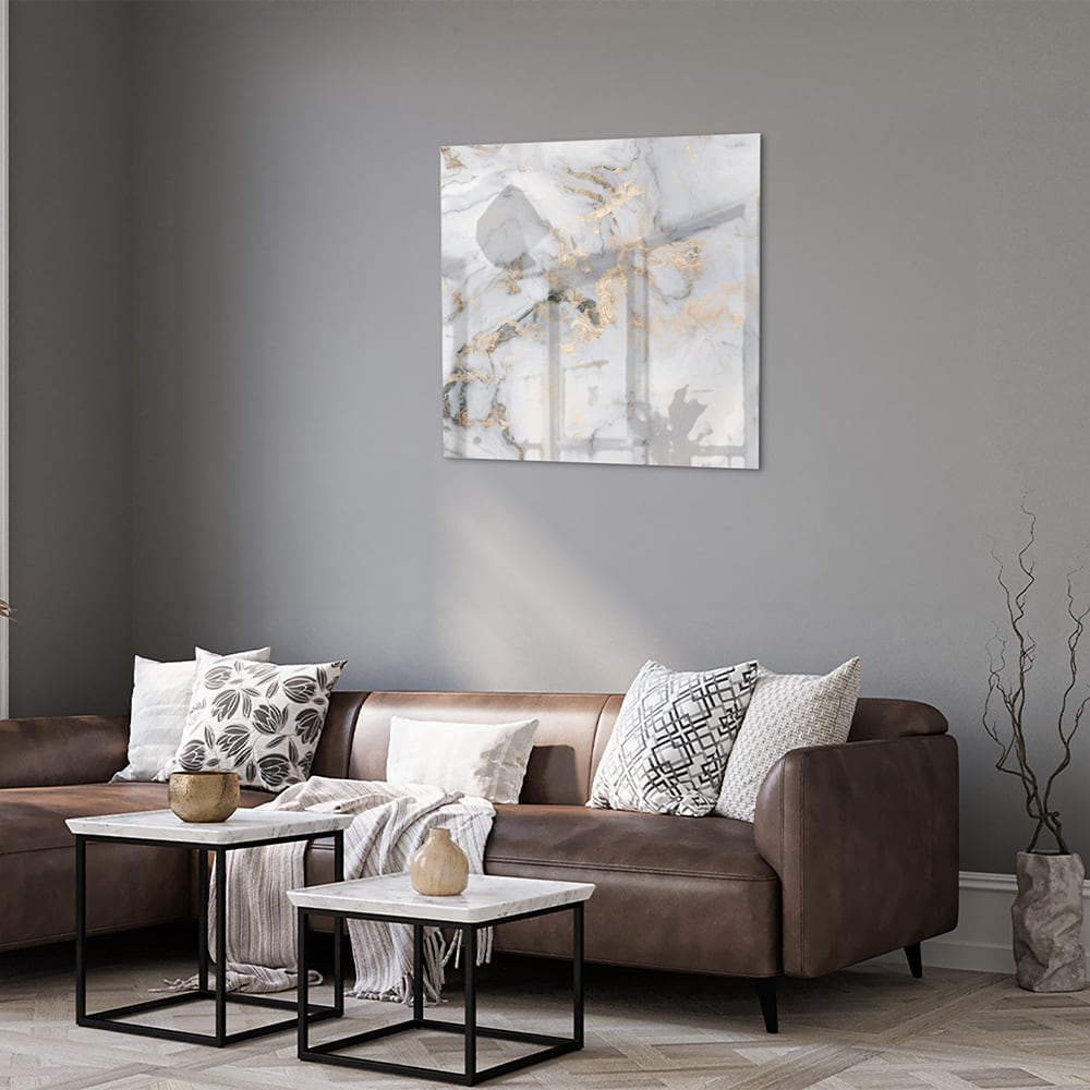 Elegantes Glasbild mit Marmoroptik und goldenen Details – Glasbild aus Sicherheitsglas, Größe 120x80