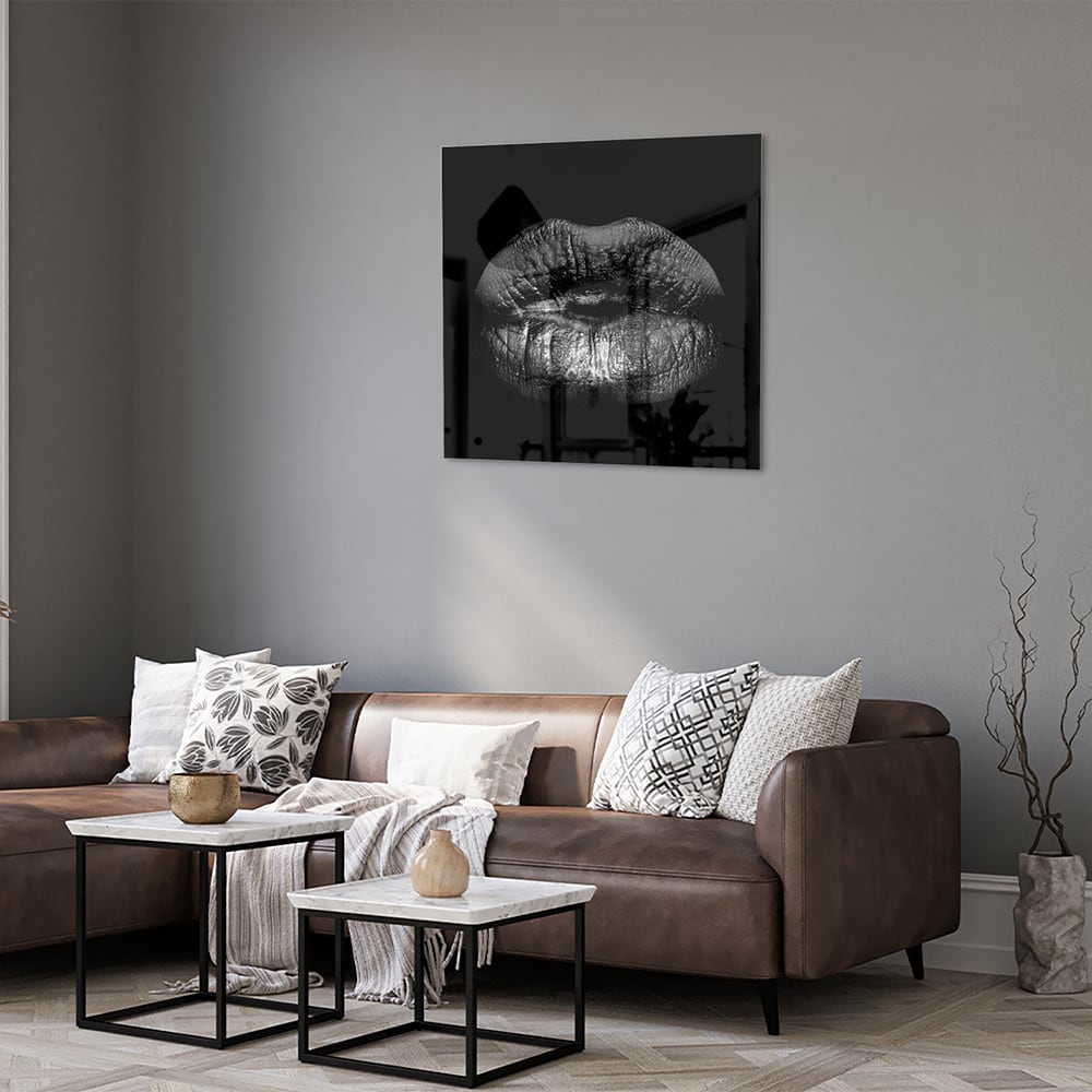 Schwarzes Glasbild mit Lippenprint – Glasbild aus Sicherheitsglas, Größe 120x80