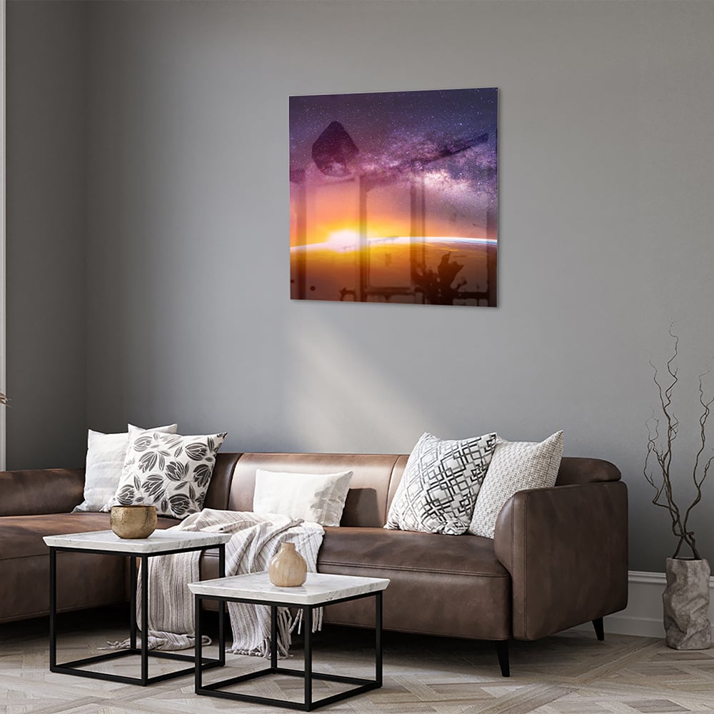 Glasbild mit einem Sternenhimmel bei Sonnenuntergang – Glasbild aus Sicherheitsglas, Größe 120x80