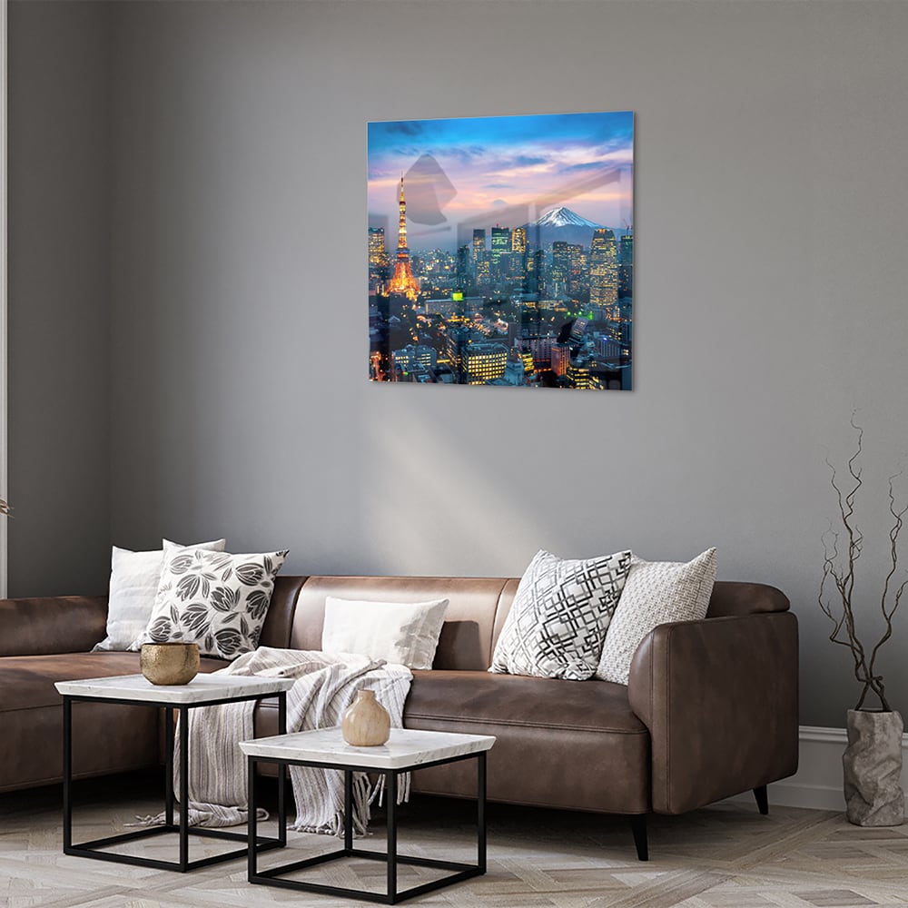 Glasbild mit Stadtpanorama, Fuji und Tokyo Tower – Glasbild aus Sicherheitsglas, Größe 120x80