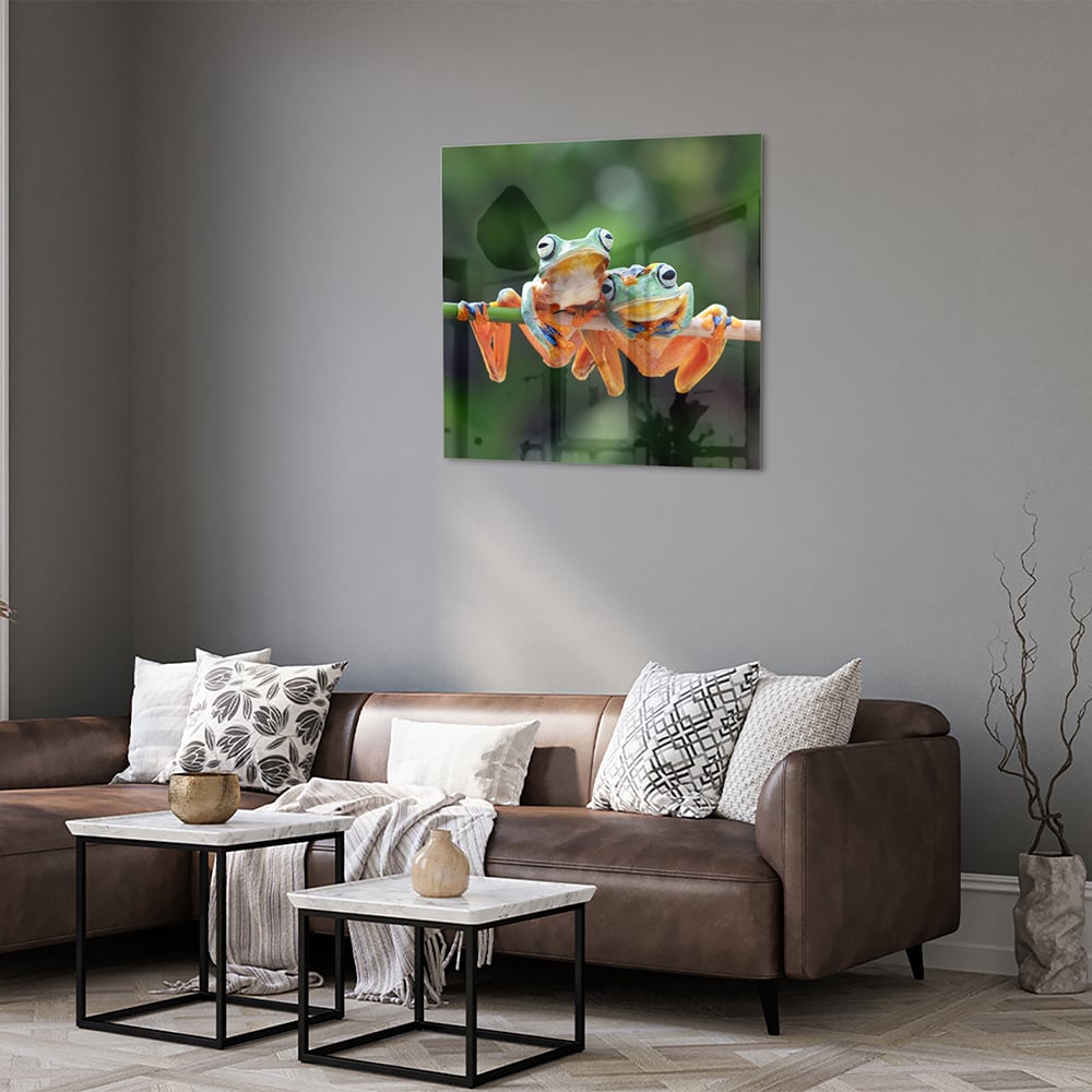 Fröhliches Glasbild mit Frosch auf einem Ast – Glasbild aus Sicherheitsglas, Größe 120x80