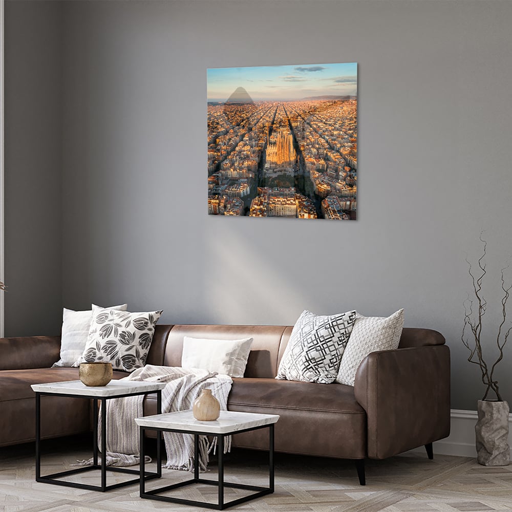 Glasbild mit atemberaubendem Stadtblick bei Sonnenuntergang – Glasbild aus Sicherheitsglas, Größe 120x80