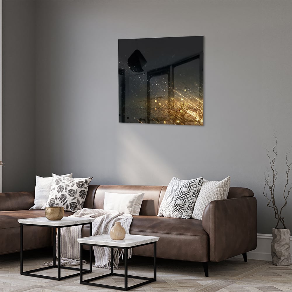 Schwarzes Glasbild mit Sternen und Lichtreflexionen – Glasbild aus Sicherheitsglas, Größe 120x80