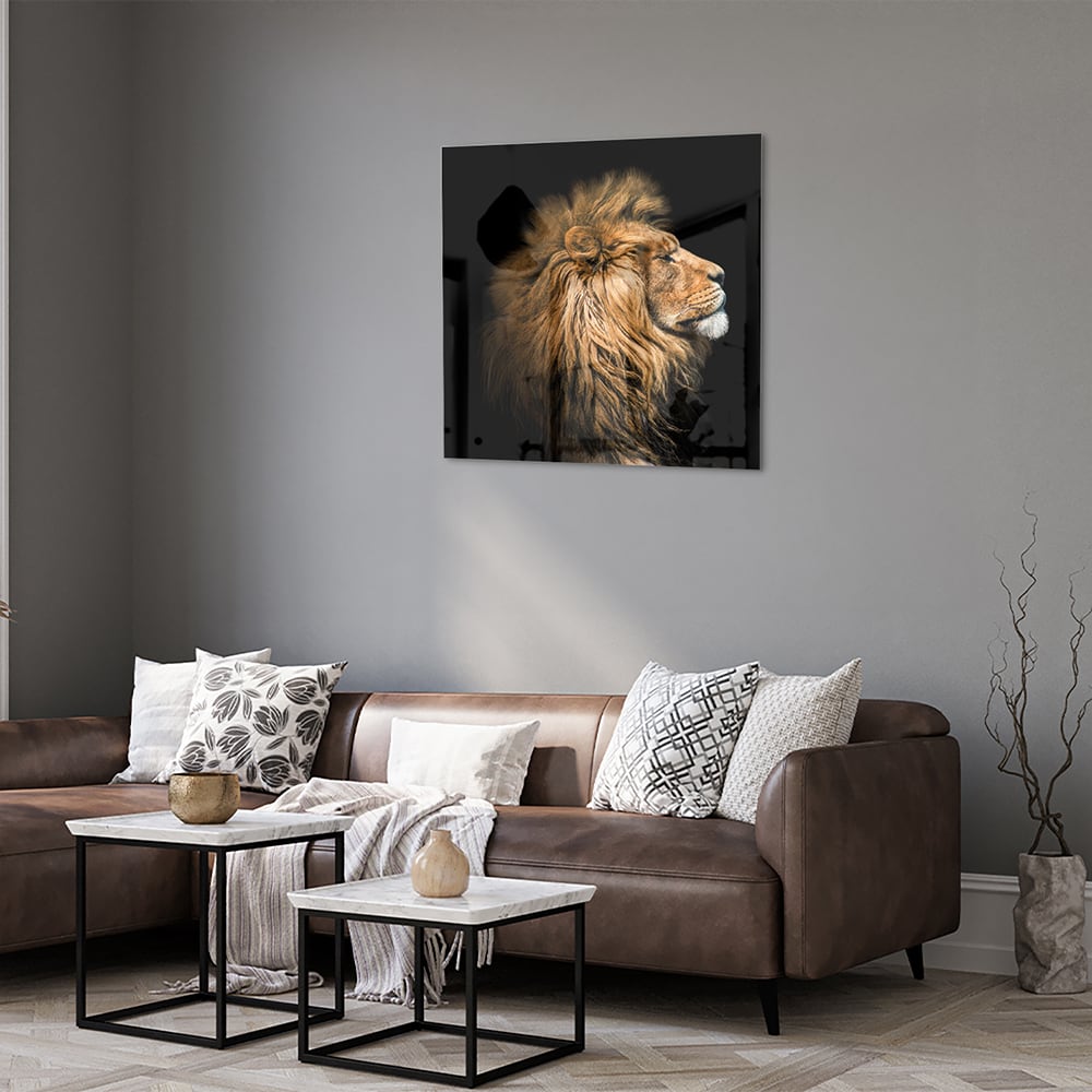Glasbild mit majestätischem Löwen – Glasbild aus Sicherheitsglas, Größe 120x80