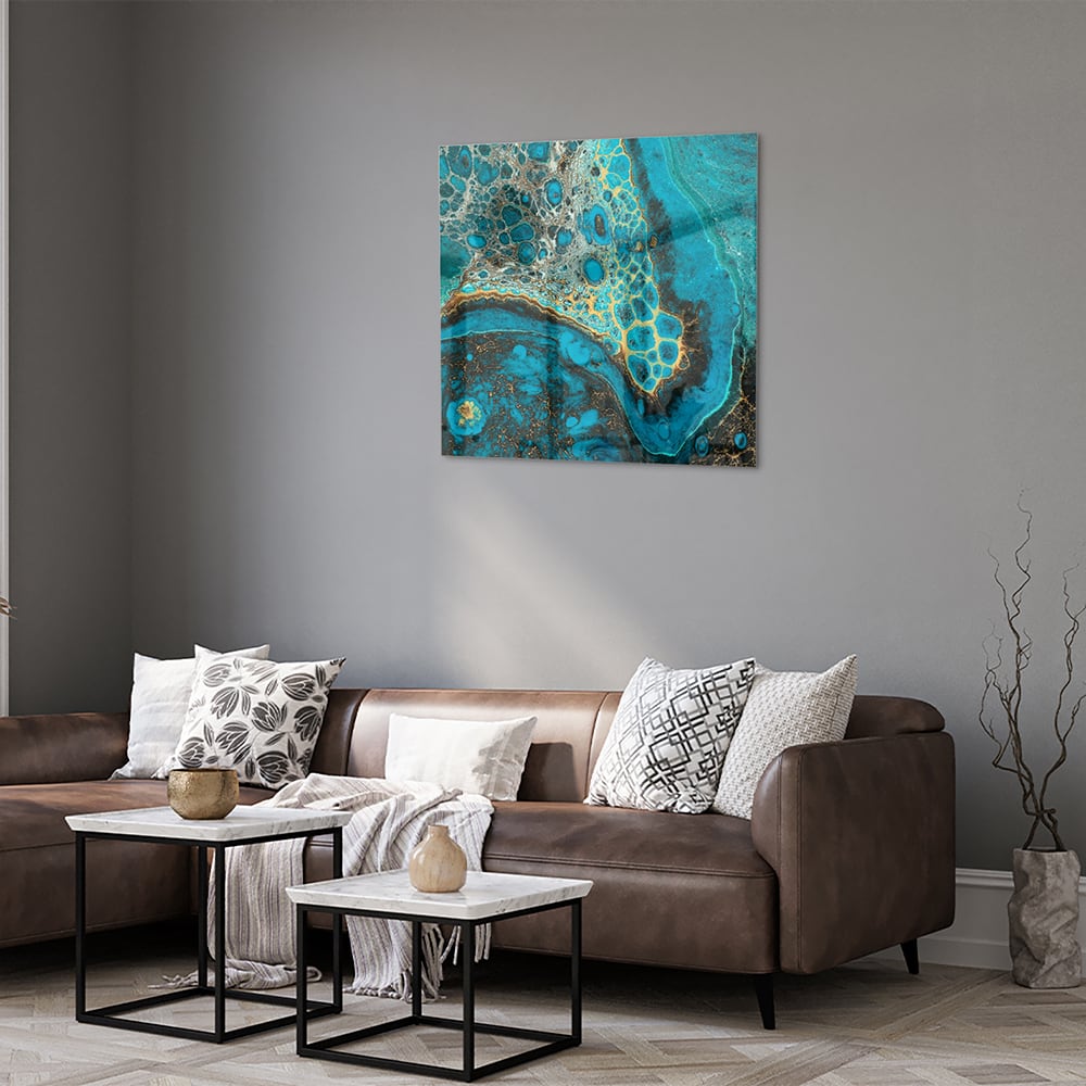 Abstraktes Glasbild in Türkis und Gold – Glasbild aus Sicherheitsglas, Größe 120x80