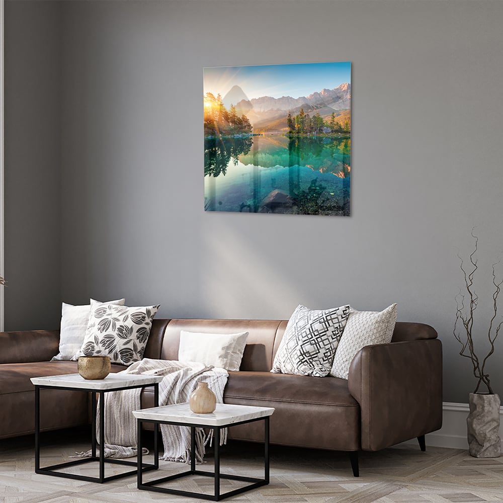 Wunderschönes Glasbild mit Berglandschaft und See – Glasbild aus Sicherheitsglas, Größe 120x80