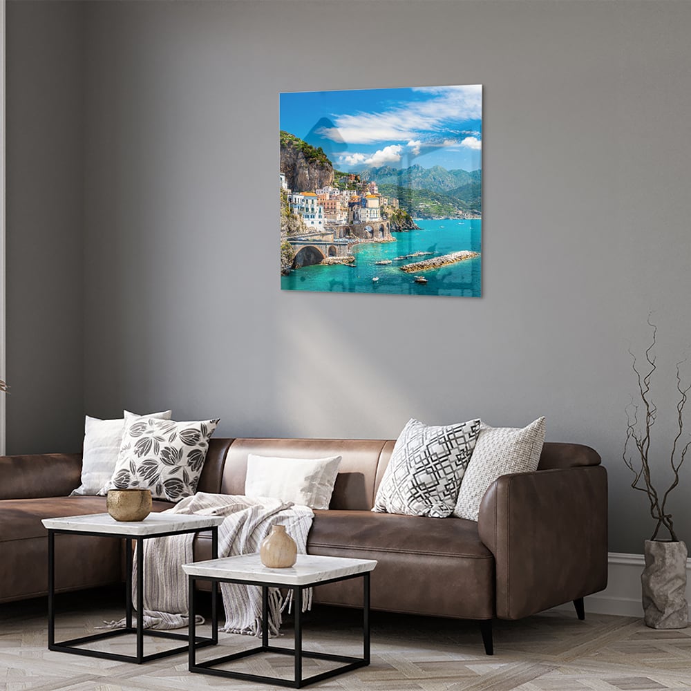 Glasbild mit blauem See und Bergen – Glasbild aus Sicherheitsglas, Größe 120x80