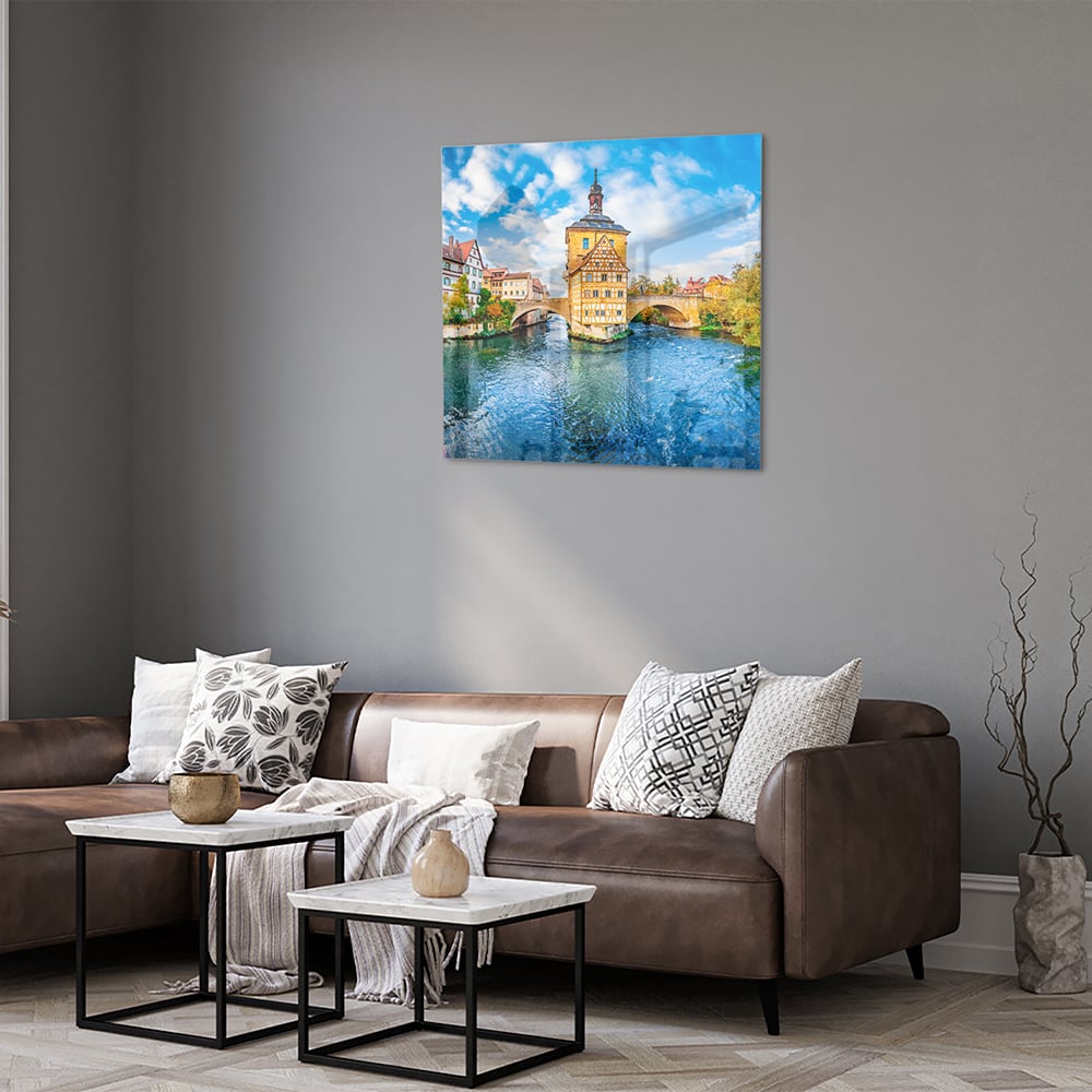Glasbild mit malerischem Städtchen am Wasser – Glasbild aus Sicherheitsglas, Größe 120x80