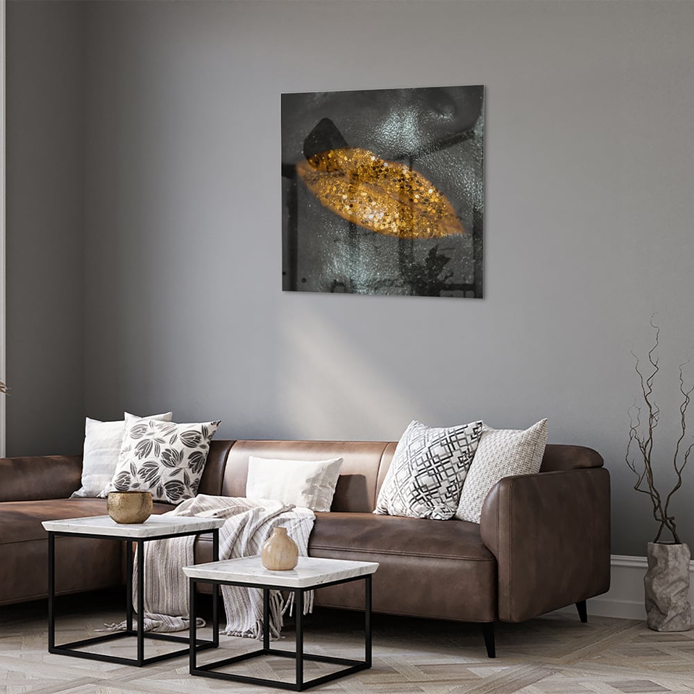 Glasbild mit goldenem Blatt für Ihr Interieur – Glasbild aus Sicherheitsglas, Größe 120x80