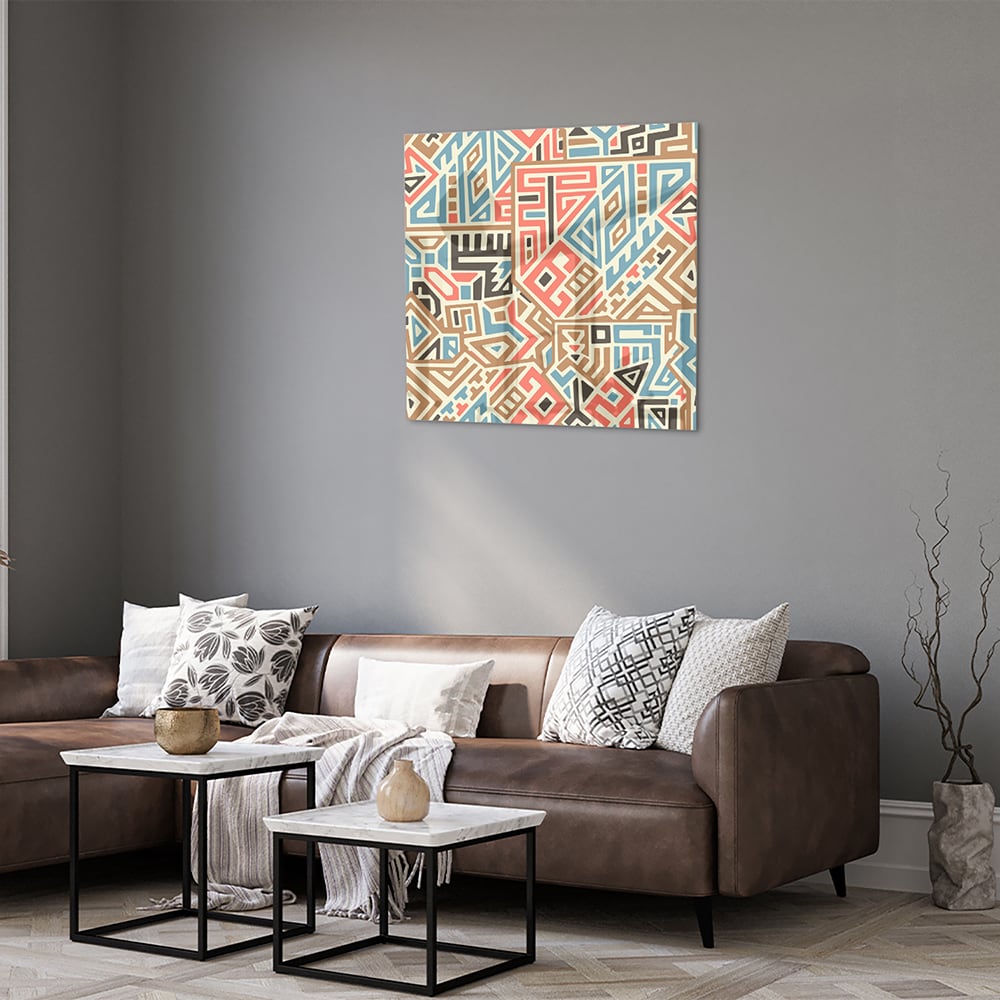 Abstraktes Glasbild mit farbenfrohen geometrischen Mustern – Glasbild aus Sicherheitsglas, Größe 120x80
