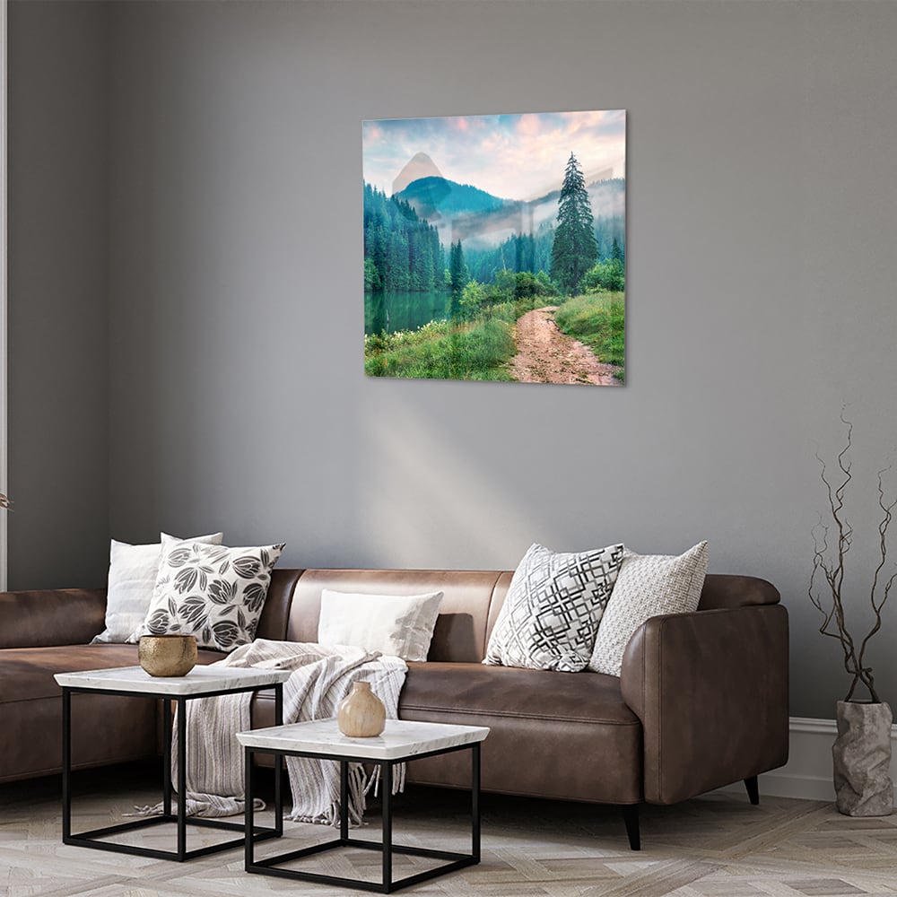 Stimmungsvolles Glasbild mit einer Berglandschaft – Glasbild aus Sicherheitsglas, Größe 120x80