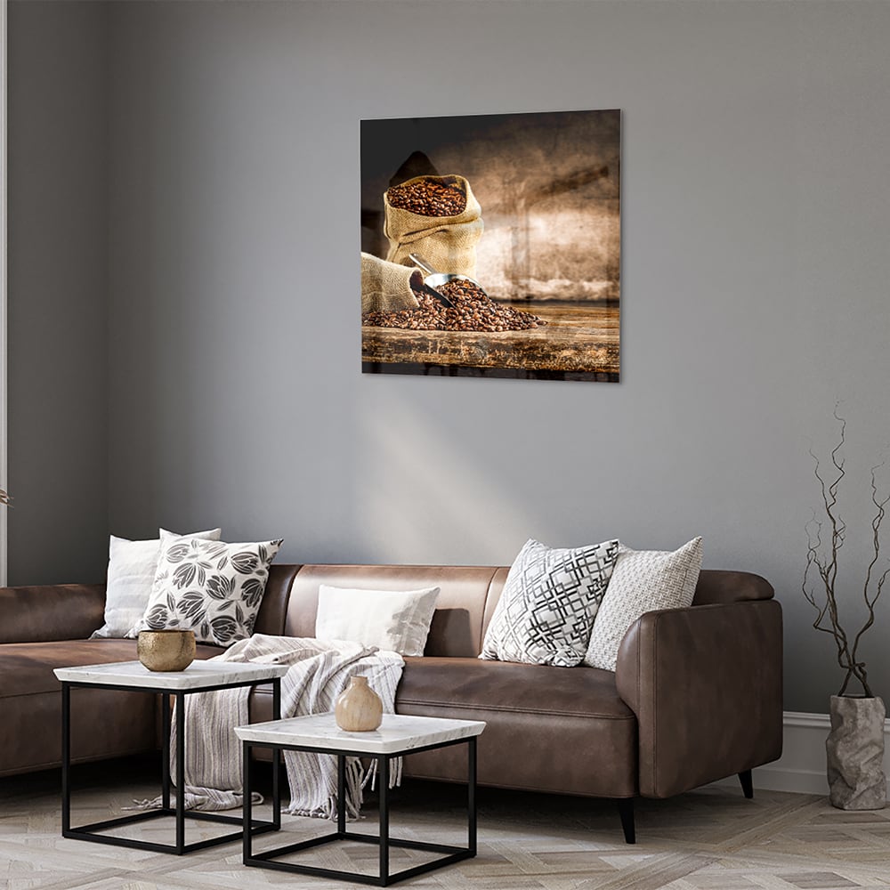 Glasbild mit Kaffee und Natur – Glasbild aus Sicherheitsglas, Größe 120x80