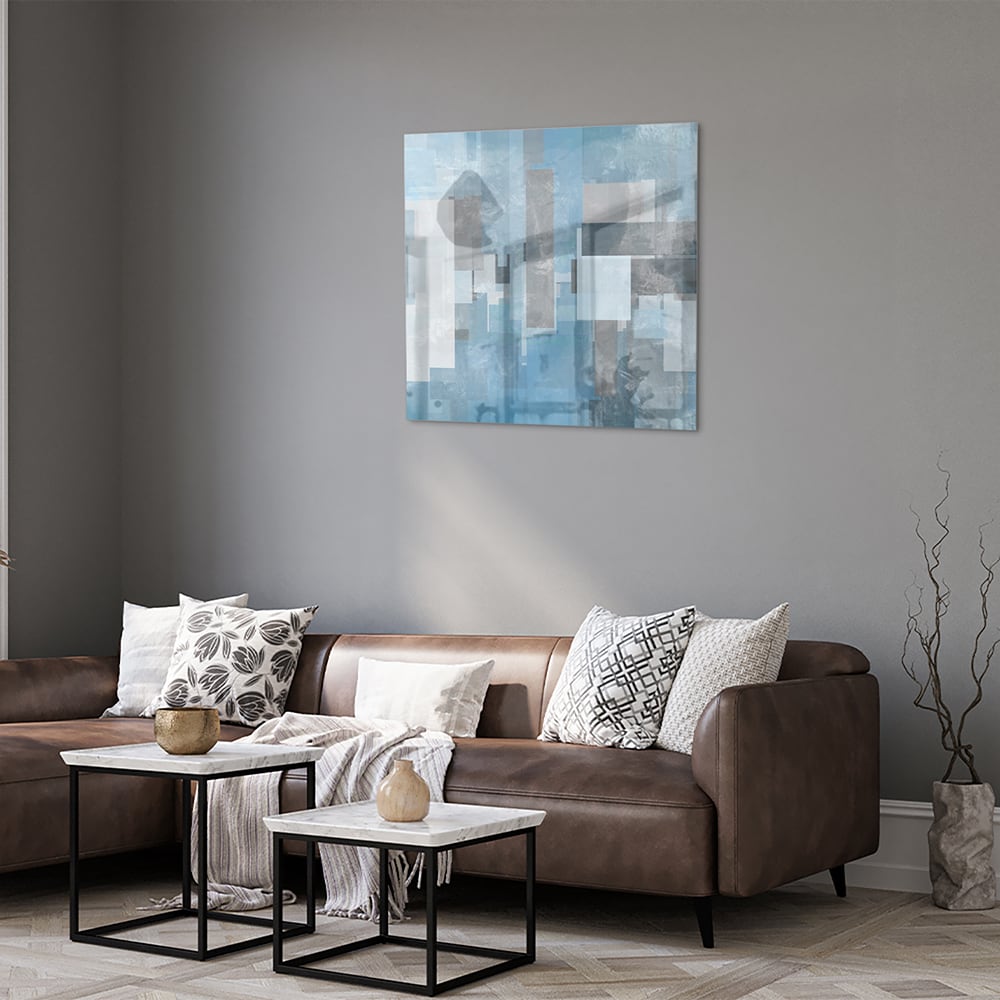 Abstraktes Glasbild in Blau und Grau – Glasbild aus Sicherheitsglas, Größe 120x80