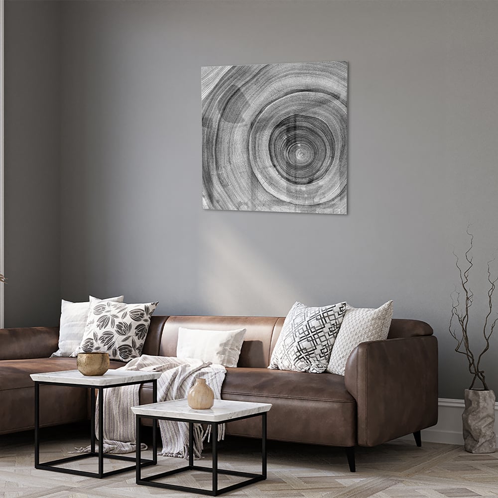 Abstraktes graues Glasbild mit Kreisen – Glasbild aus Sicherheitsglas, Größe 120x80