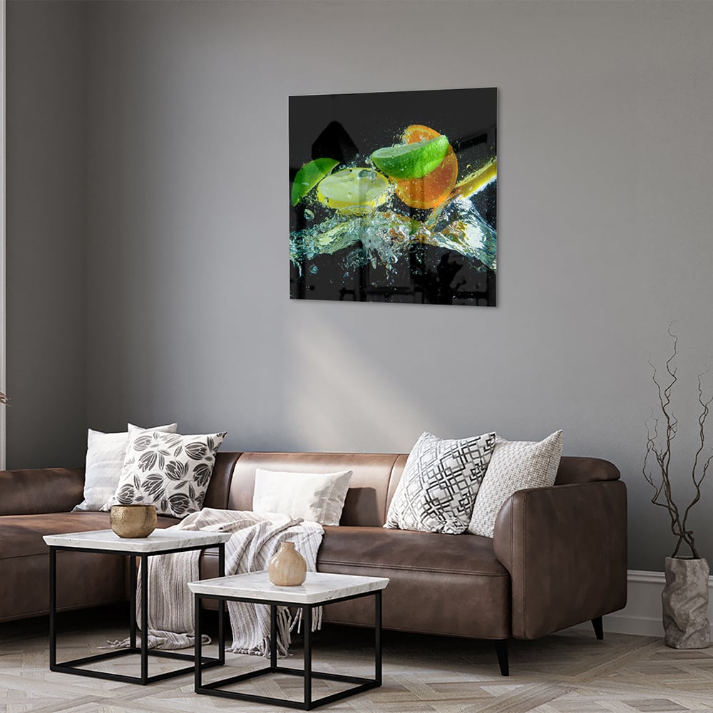 Glasbild mit farbenfrohen Zitrusfrüchten – Glasbild aus Sicherheitsglas, Größe 120x80