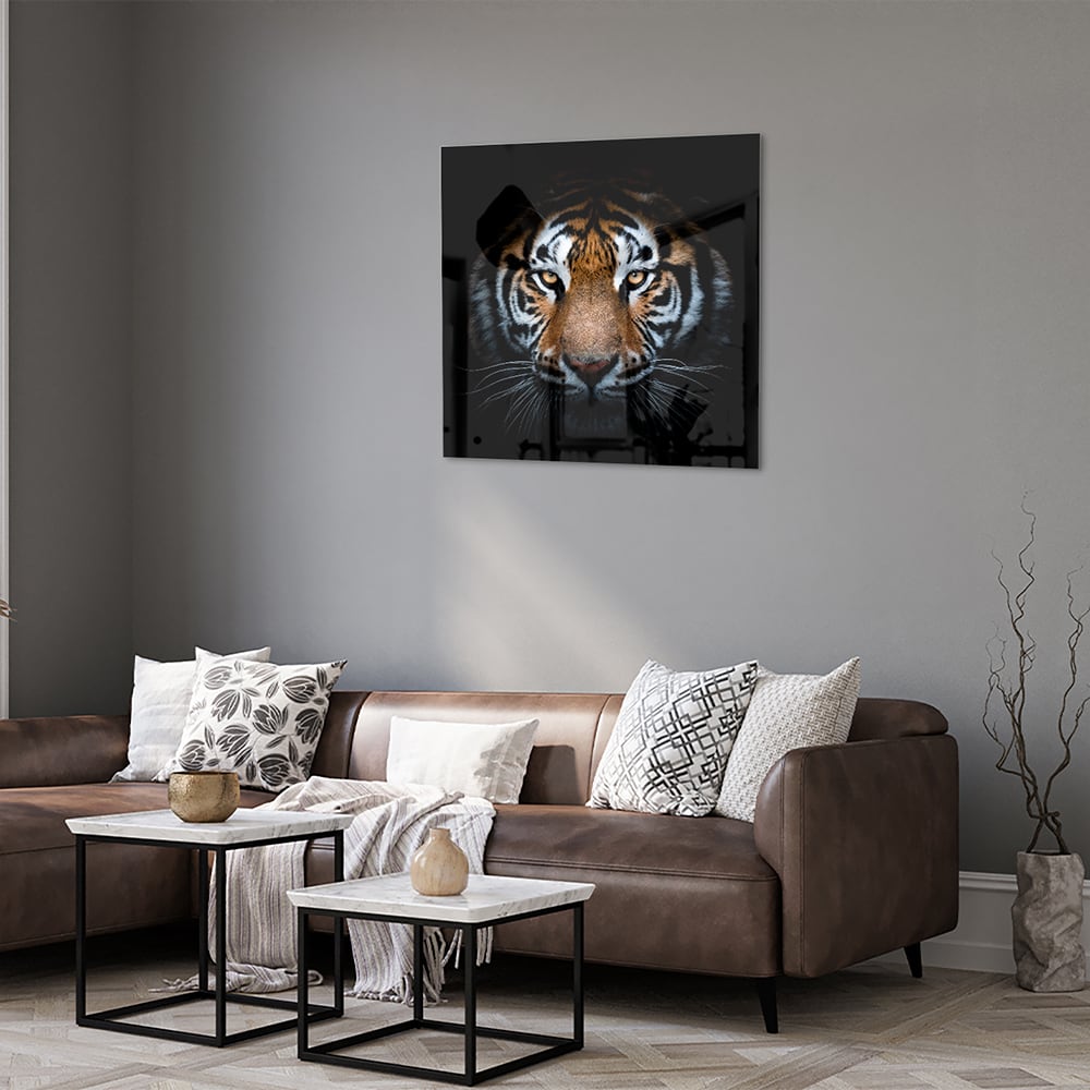 Beeindruckendes Glasbild mit einem Tigergesicht – Glasbild aus Sicherheitsglas, Größe 120x80