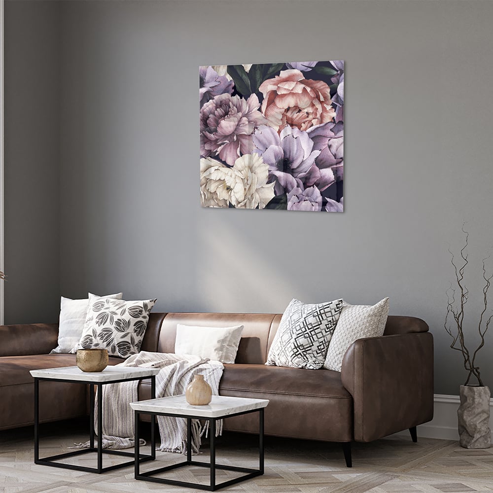 Glasbild mit wunderschönen violetten Blumen – Glasbild aus Sicherheitsglas, Größe 120x80