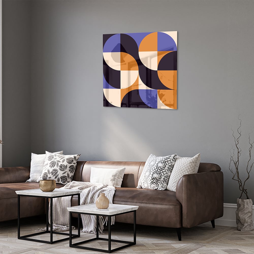 Abstraktes Glasbild in blauen und Orangetönen – Glasbild aus Sicherheitsglas, Größe 120x80