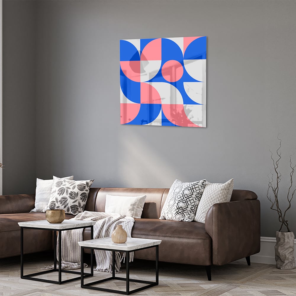 Abstraktes Glasbild mit blauen und rosa Farbtönen – Glasbild aus Sicherheitsglas, Größe 120x80