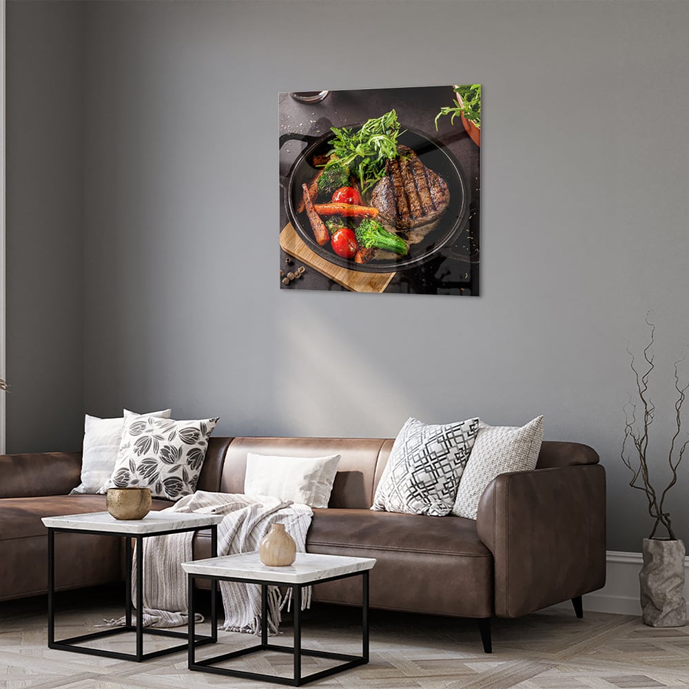 Glasbild mit köstlichen gegrillten Speisen – Glasbild aus Sicherheitsglas, Größe 120x80