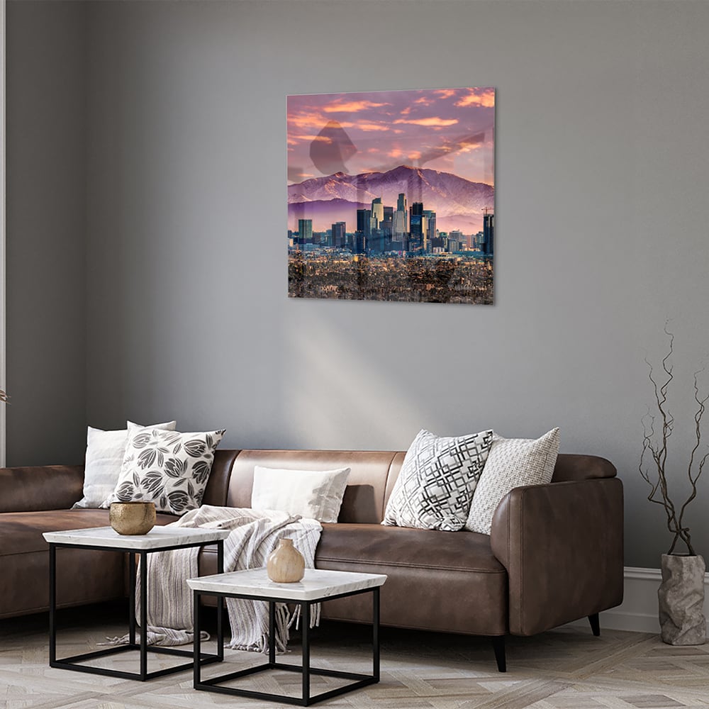 Glasbild Stadtpanorama bei Sonnenuntergang – Glasbild aus Sicherheitsglas, Größe 120x80