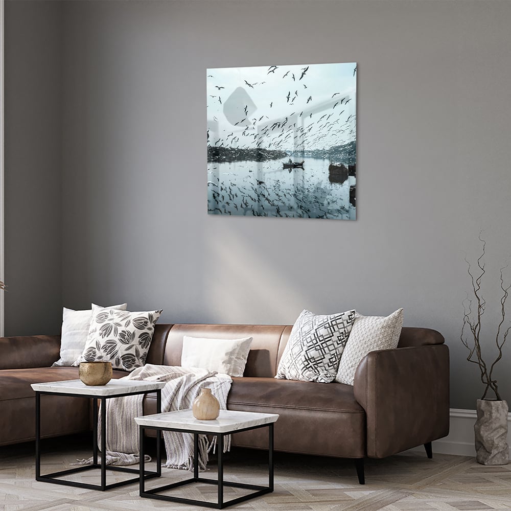 Glasbild mit Vögeln über einer ruhigen Wasserreflexion – Glasbild aus Sicherheitsglas, Größe 120x80
