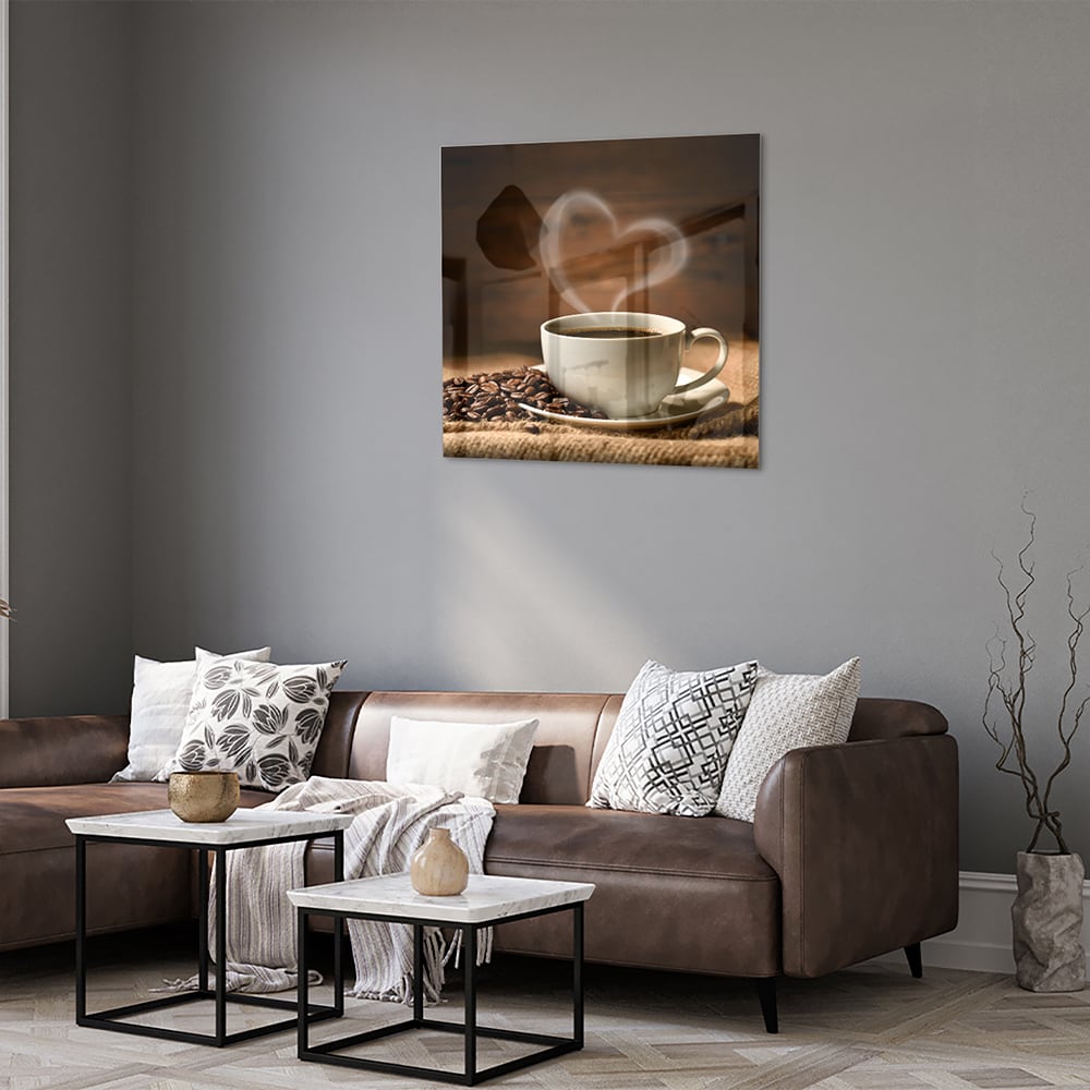 Glasbild mit Kaffee und Kaffeebohnen – Glasbild aus Sicherheitsglas, Größe 120x80