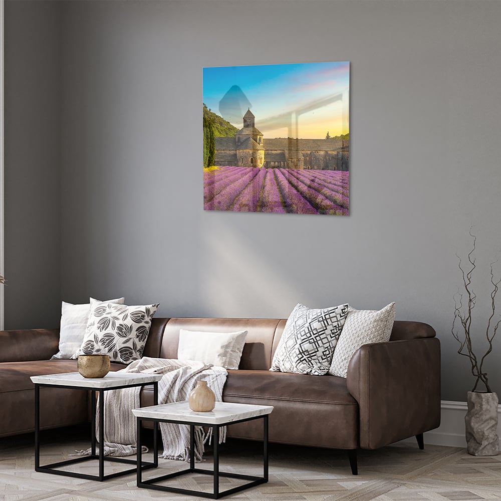 Wunderschönes Glasbild mit Lavendelfeldern – Glasbild aus Sicherheitsglas, Größe 120x80
