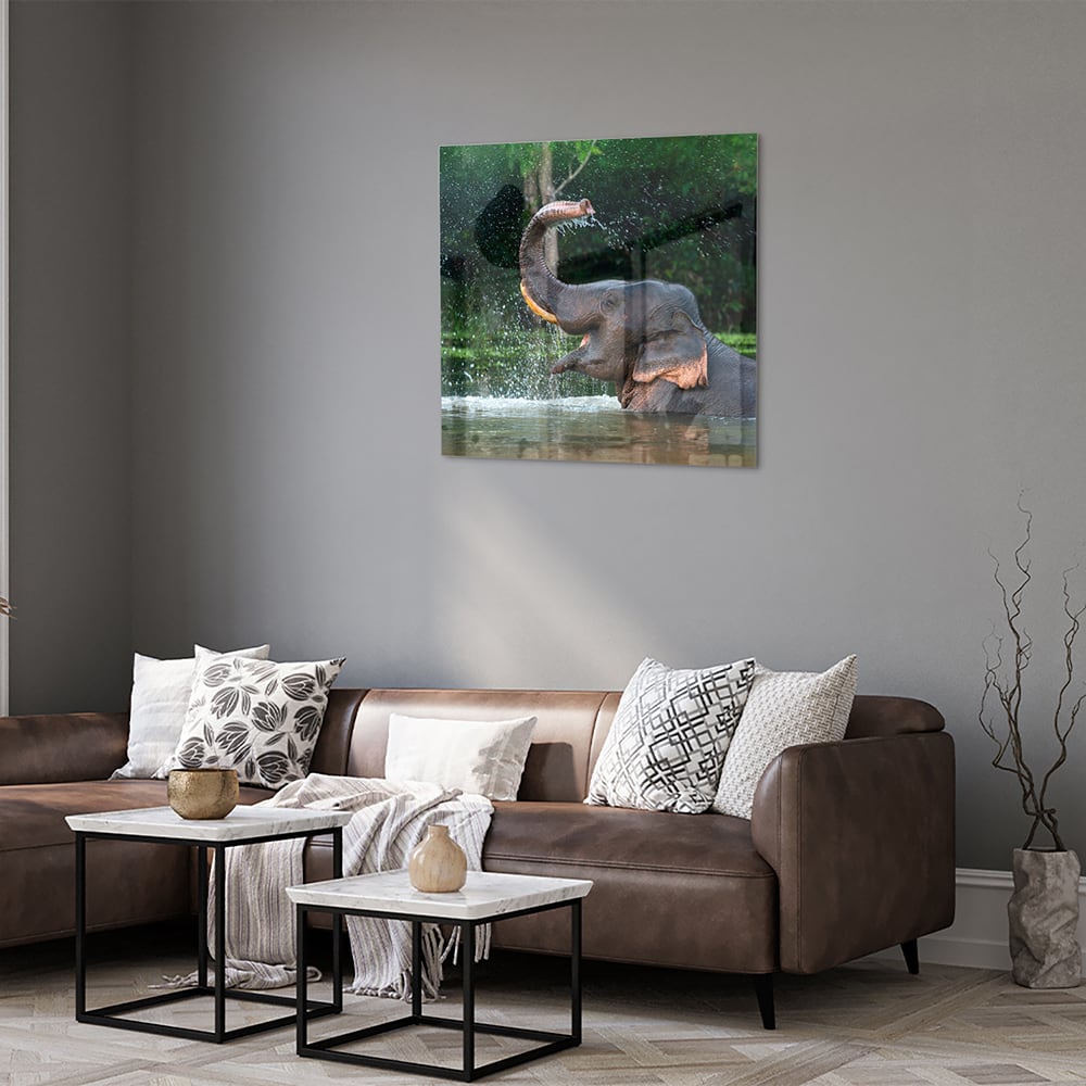 Wunderschönes Glasbild mit einem Elefanten im Wasser – Glasbild aus Sicherheitsglas, Größe 120x80