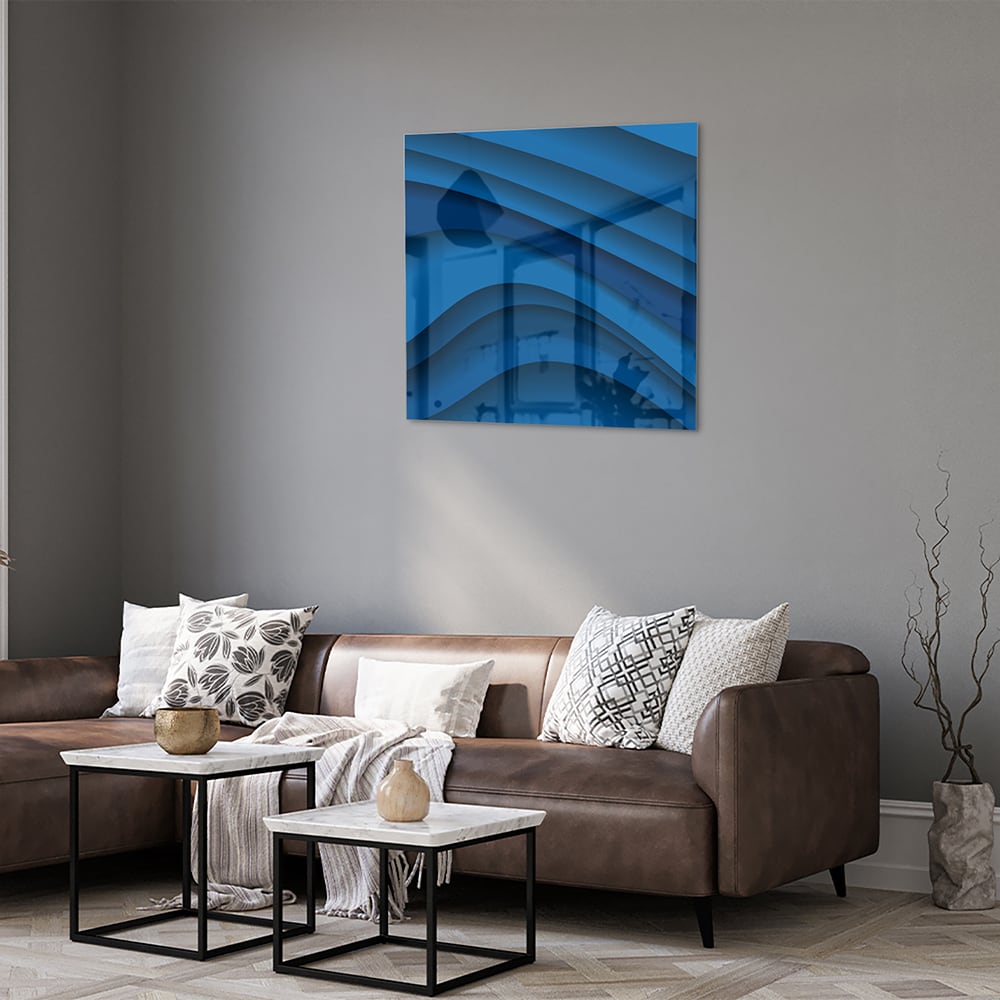 Modernes Glasbild in verschiedenen Blautönen – Glasbild aus Sicherheitsglas, Größe 120x80